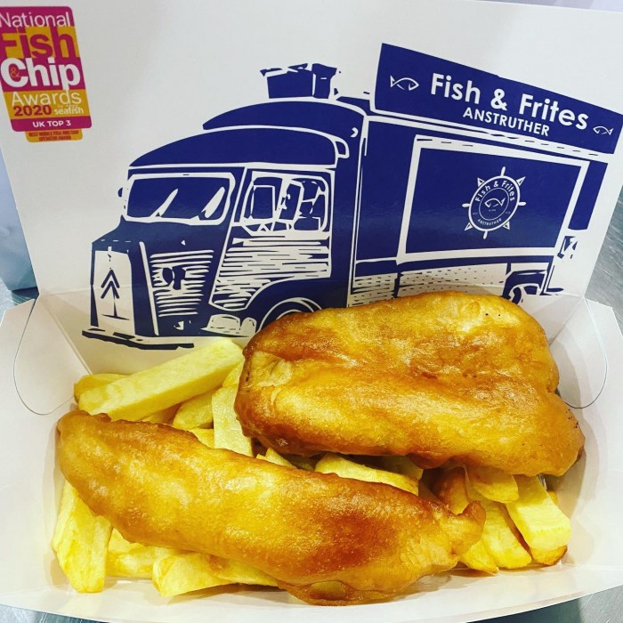 Fish and Chips from Fish & Frites food truck in cardboard serving box